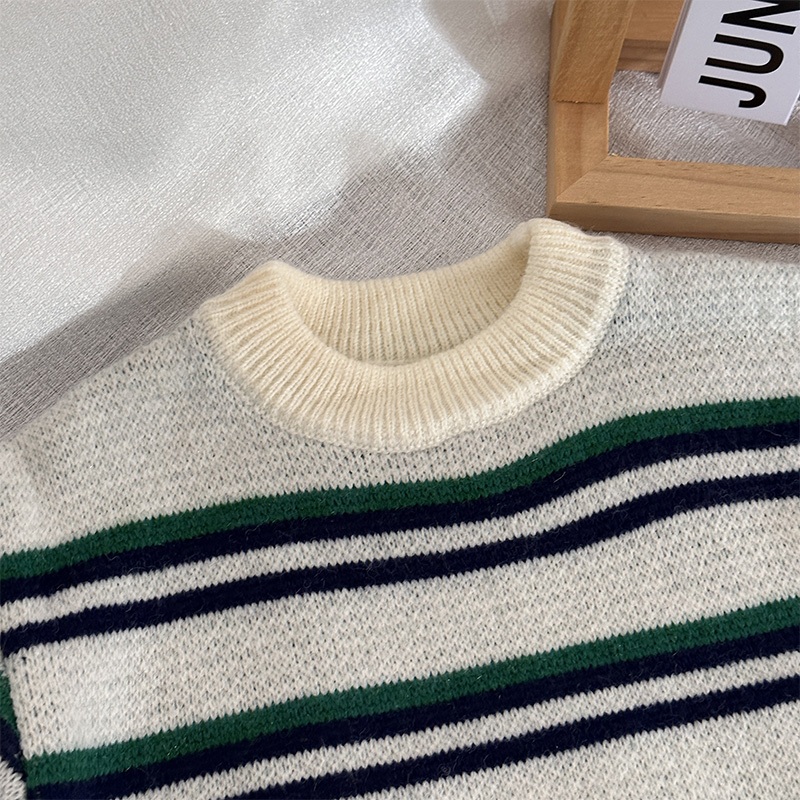 Áo sweater Cổ Tròn Tay Dài Dáng Rộng Họa Tiết Kẻ Sọc Màu Sắc Tương Phản Giữ Ấm Thoải Mái Thời Trang Thu Đông Cho Bé