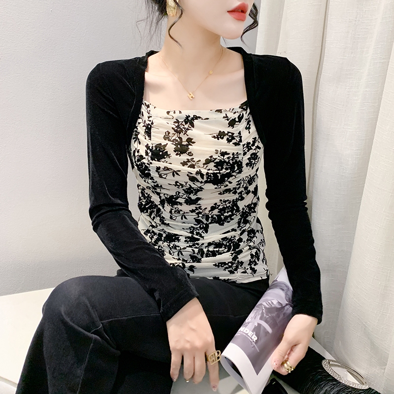 Miou Áo Thun Tay Dài Giả Hai Lớp In Họa Tiết Hoa Thời Trang Thu Đông 2023 Cho Nữ