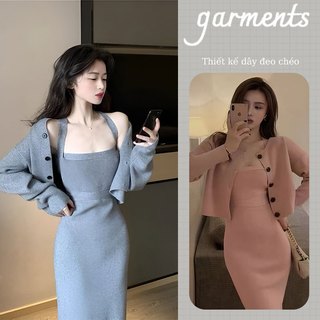 set đồ nữ đầm dài cổ dây body Dệt Kim dây đeo chéo+ áo khoác cardigan dệt kim dài tay hàn quốc tươi và ngọt ngào thời trang nữ đầu thu