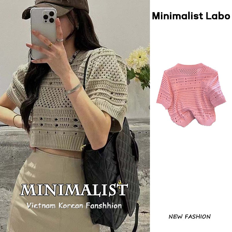 Áo thun dệt kim Minimalist Labo tay ngắn dáng ôm thiết kế đục lỗ thời trang quyến rũ cho nữ