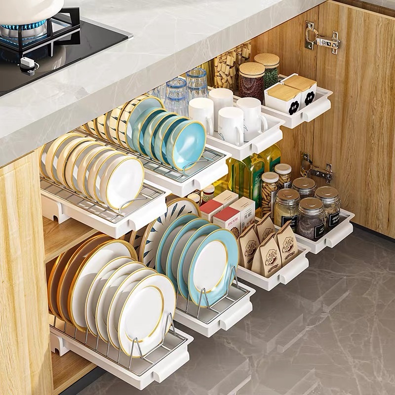 ModernHome Giá Để Bát Đĩa Bằng Thép Không Gỉ Đa Năng Công Suất Lớn Loại Kéo Ra Nhà Bếp Một Lớp Cho Tủ