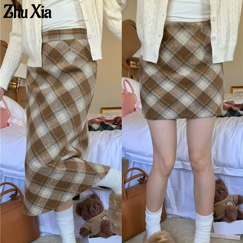 Zhu Xia Chân Váy Len Kẻ Sọc Caro Thời Trang Thu Đông Hàn Quốc Cho Nữ