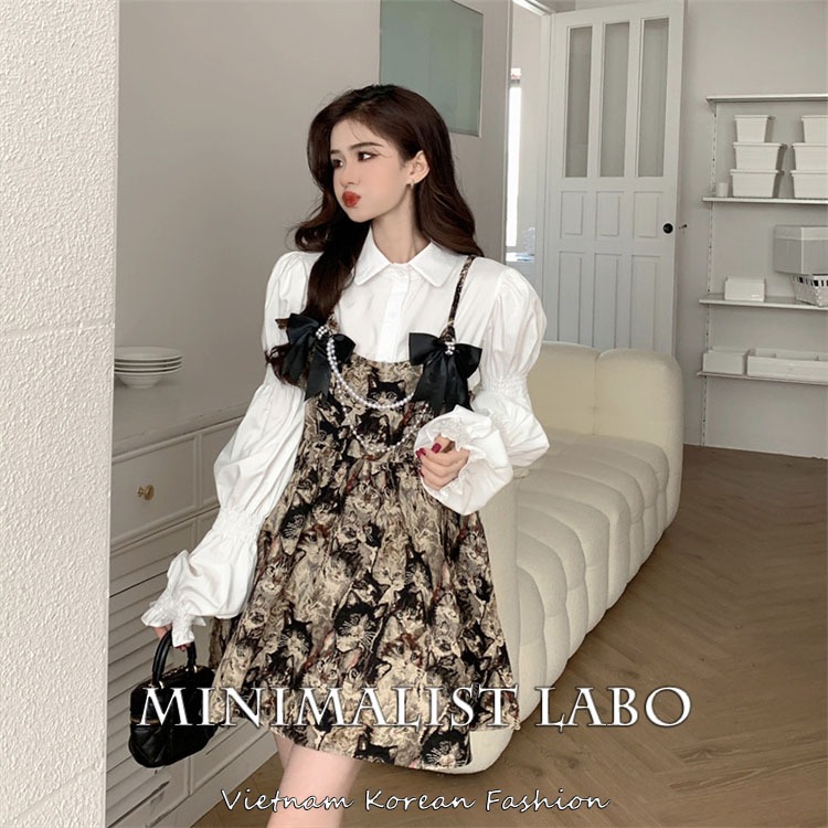 Đầm ngắn hai dây Minimalist Labo dáng ôm đính nơ phong cách Hong Kong