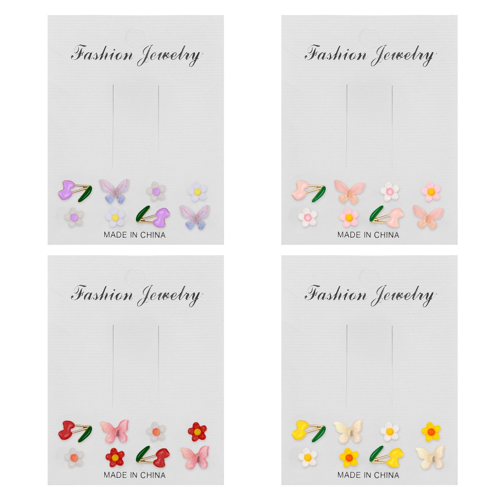 Bộ 4 Đôi Khuyên Tai s925 Nhiều Màu Sắc Họa Tiết Hoa Bướm Trái Cây Thời Trang Cho Nữ