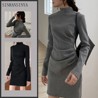 Đầm SINRANSINYA cổ cao xếp ly ôm dáng thời trang thu đông phong cách Pháp