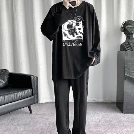 Áo Thun Tay Dài Cổ Tròn Màu Trơn In Họa Tiết Hoạt Hình Phong Cách Nhật Bản Thời Trang Xuân Thu 2023 Cho Nam