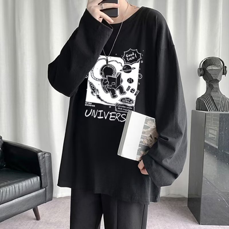 Áo Thun Tay Dài Cổ Tròn Màu Trơn In Họa Tiết Hoạt Hình Phong Cách Nhật Bản Thời Trang Xuân Thu 2023 Cho Nam