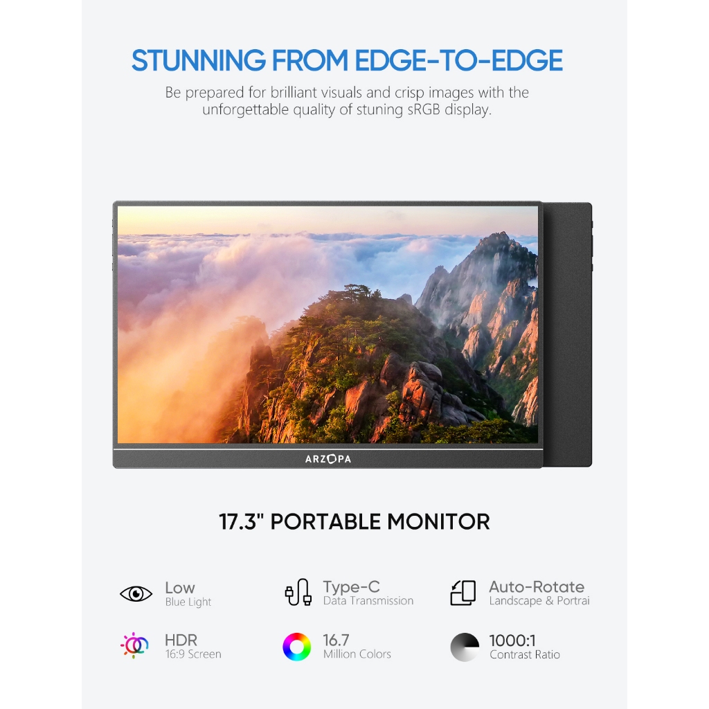 Màn hình di động ARZOPA, Màn hình máy tính xách tay 17.3 '' A1M 1080P FHD HDR IPS Màn hình trò chơi HDMI USB C, Màn hình bên ngoài chăm sóc mắt với loa kép cho Xbox PS4 Switch Điện thoại PC | BigBuy360 - bigbuy360.vn