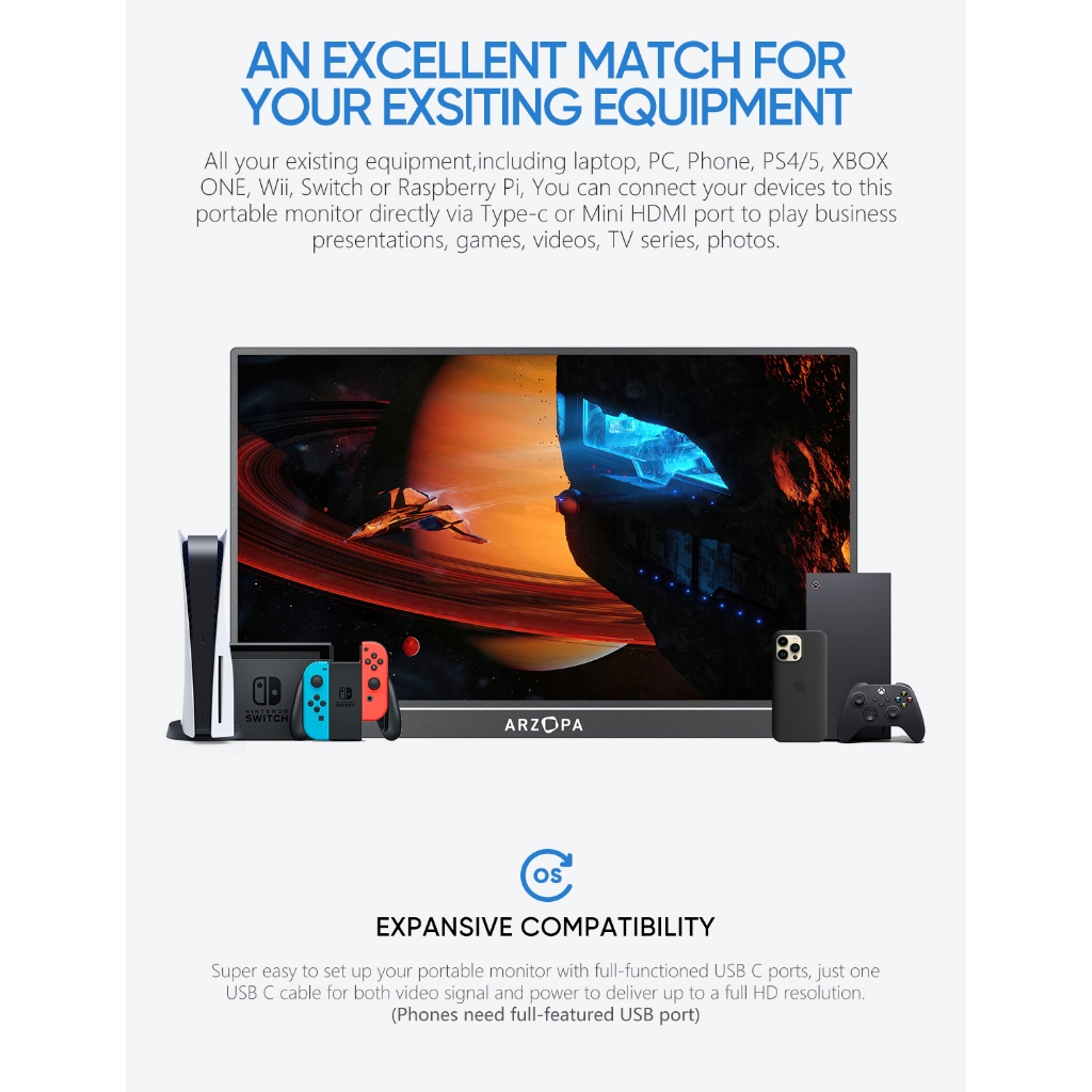 Màn hình di động ARZOPA, Màn hình máy tính xách tay 17.3 '' A1M 1080P FHD HDR IPS Màn hình trò chơi HDMI USB C, Màn hình bên ngoài chăm sóc mắt với loa kép cho Xbox PS4 Switch Điện thoại PC | BigBuy360 - bigbuy360.vn