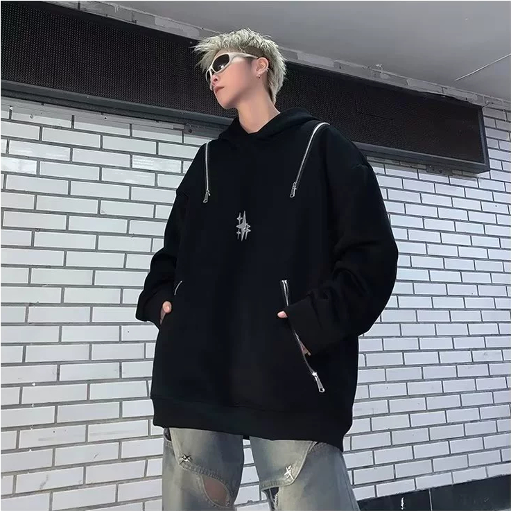 Mới Áo hoodie cotton Dáng Rộng Phối Khóa Kéo Phong Cách retro Mỹ Cho Nam Nữ