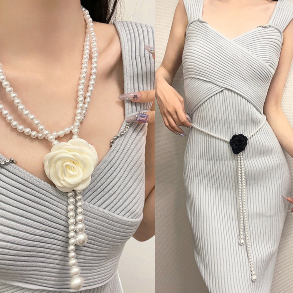 Dây Xích Đeo Hông Đính Hoa Trà Và Ngọc Trai Thời Trang Sang Trọng Cho Nữ