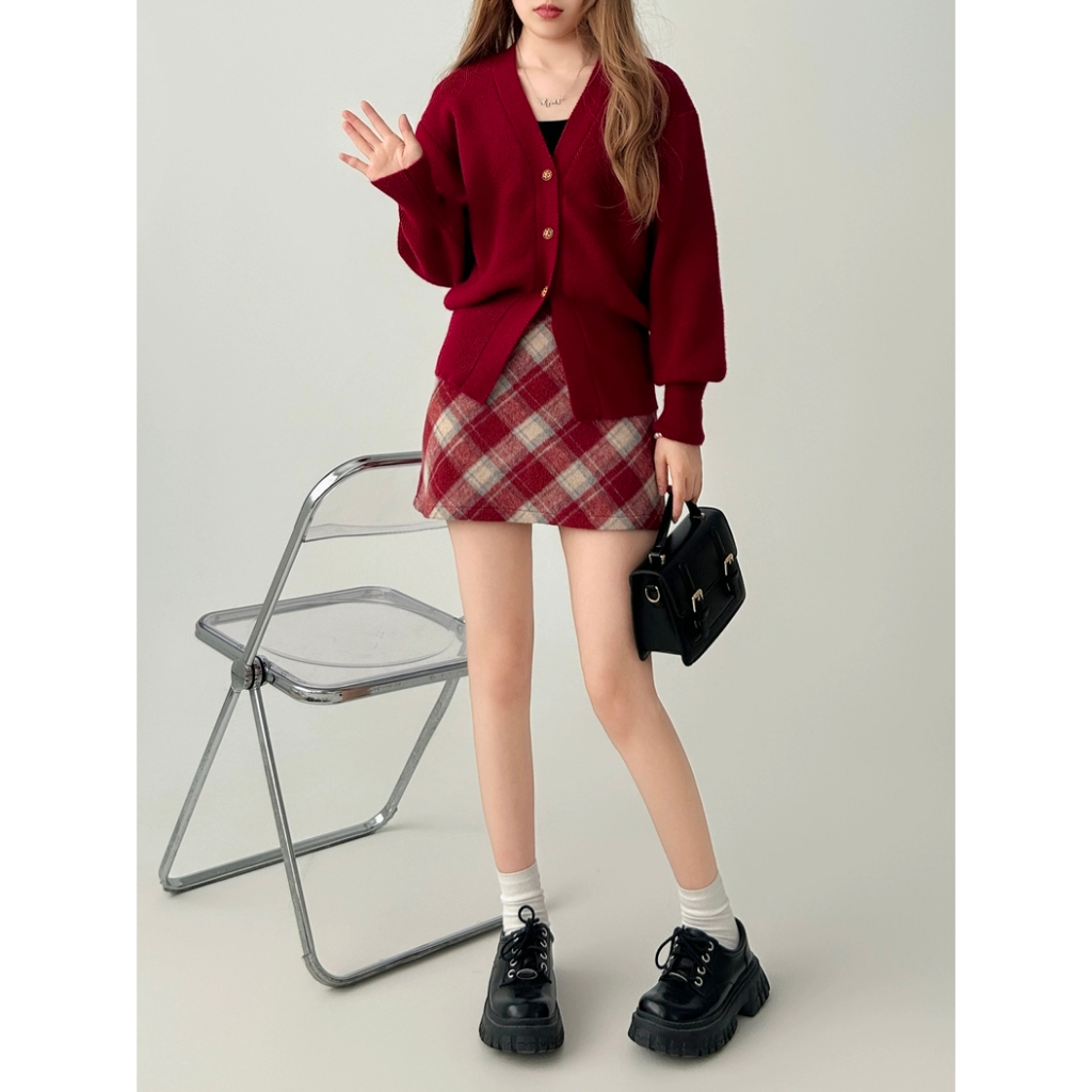 Zhu Xia Chân Váy Len Kẻ Sọc Caro Thời Trang Thu Đông Hàn Quốc Cho Nữ