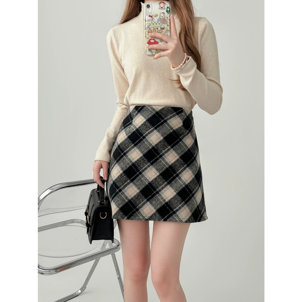 Zhu Xia Chân Váy Len Kẻ Sọc Caro Thời Trang Thu Đông Hàn Quốc Cho Nữ
