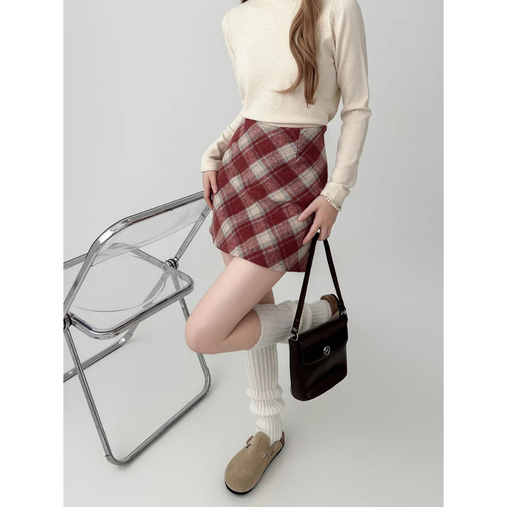 Zhu Xia Chân Váy Len Kẻ Sọc Caro Thời Trang Thu Đông Hàn Quốc Cho Nữ