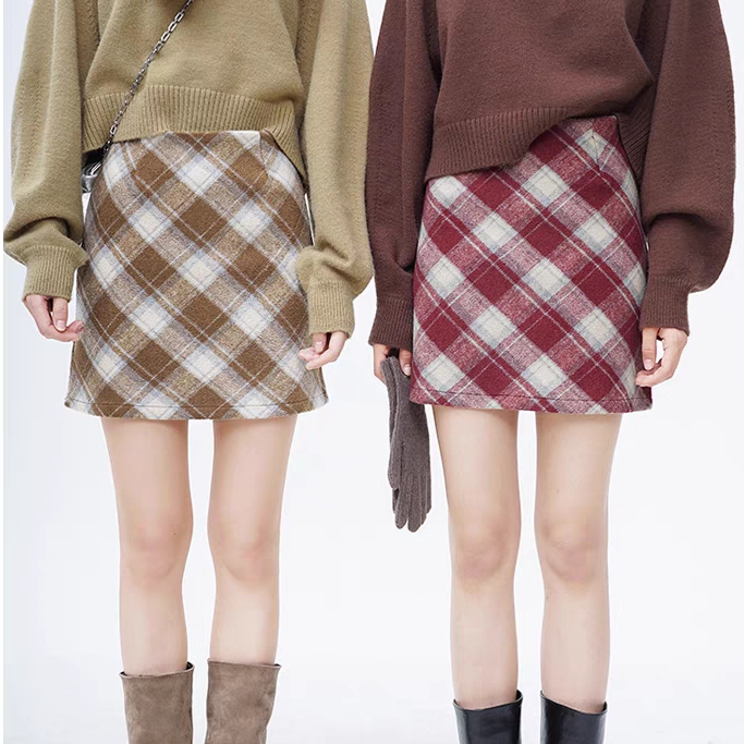 Zhu Xia Chân Váy Len Kẻ Sọc Caro Thời Trang Thu Đông Hàn Quốc Cho Nữ