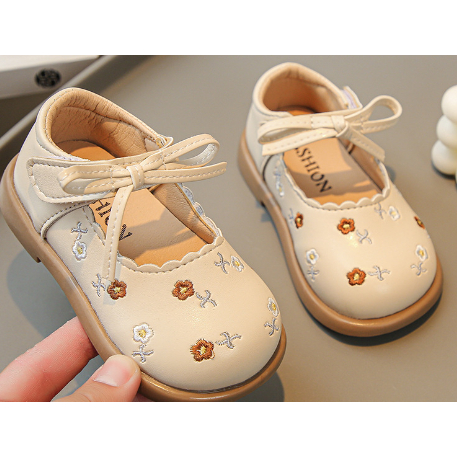Giày Da Đế Mềm Đính Nơ Thêu Hoa Dành Cho Bé Gái