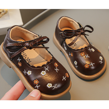 Giày Da Đế Mềm Đính Nơ Thêu Hoa Dành Cho Bé Gái