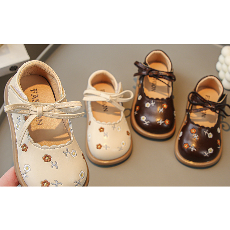 Giày Da Đế Mềm Đính Nơ Thêu Hoa Dành Cho Bé Gái