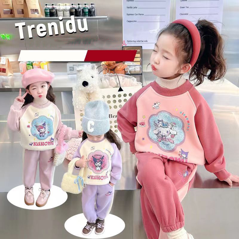 Bộ Đồ Hai Mảnh Áo Lót Lông Cừu Dày Dặn Đính Kim Sa Hoạt Hình Dễ Thương Phong Cách kuromi Thời Trang Mới 2023 Dành Cho Bé Gái