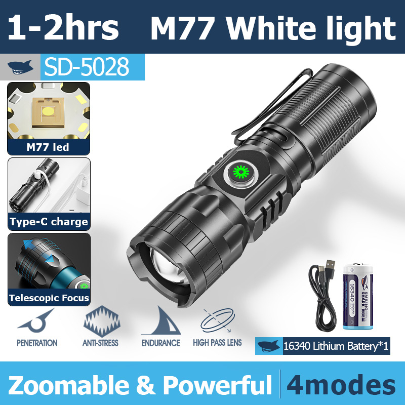 Smiling Shark SD5028 Đèn pin siêu sáng Led M77 8400LM Có Kẹp Bút Sạc USB Có Thể Phóng To Chống Nước Cắm Trại Ngoài Trời Đi Bộ Đường Dài Câu Cá Chiếu Sáng Làm Việc