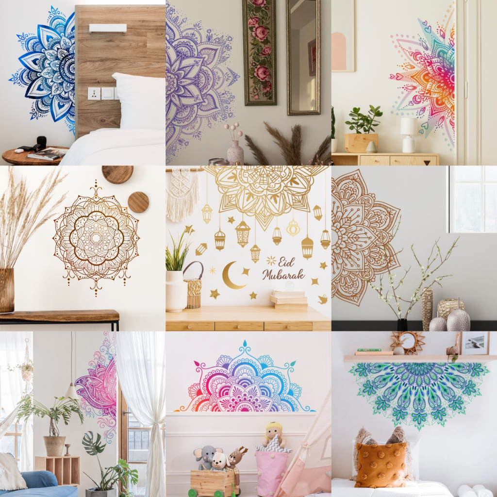 Miếng Dán Tường Bằng PVC Họa Tiết Hoa Mandala Màu Cầu Vồng Dùng Trang Trí Phòng Ngủ/ Phòng Khách