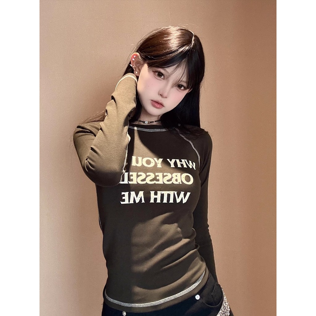 Áo Thun Tay Dài Hở Vai In Chữ Thời Trang Mùa Thu Phong Cách Mỹ Hàng Mới Dành Cho Bạn Nữ