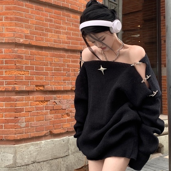 Áo Trễ Vai Phối Nút Kim Loại Phong Cách Hàn Quốc Thời Trang Cho Nữ