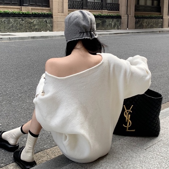 Áo Trễ Vai Phối Nút Kim Loại Phong Cách Hàn Quốc Thời Trang Cho Nữ