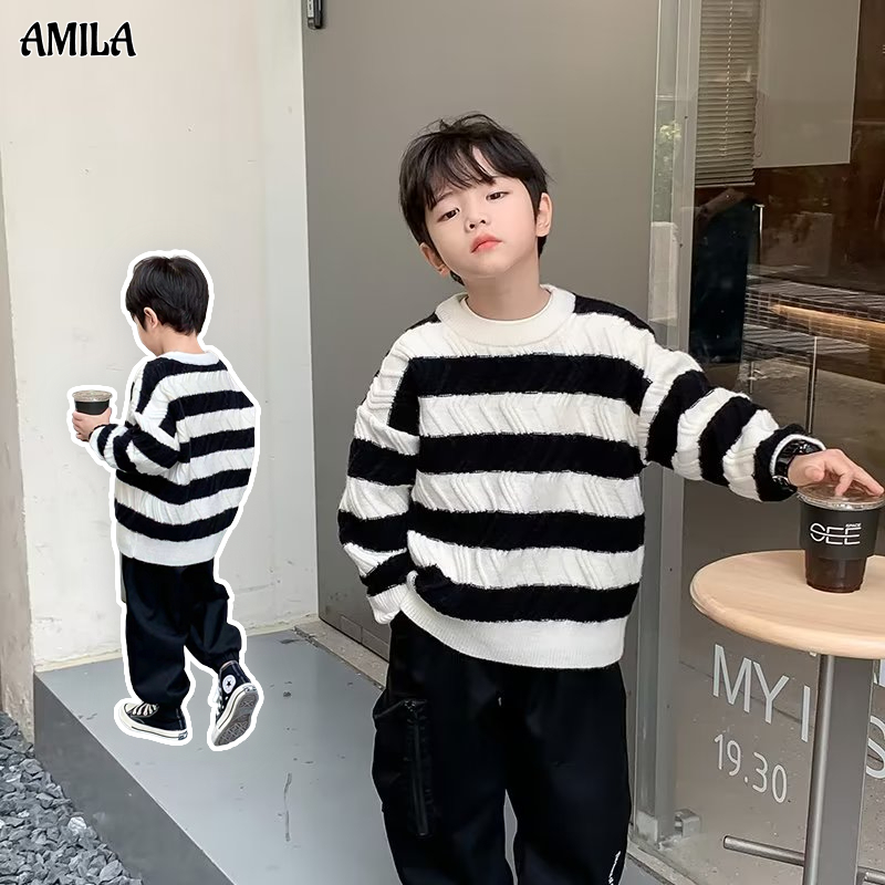 Amila Áo sweater Chui Đầu Kẻ Sọc Màu Tương Phản Thời Trang Cho Bé Trai Trung Niên