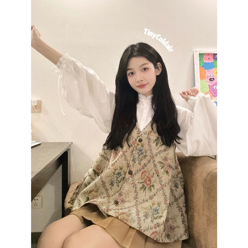 Lalisas set Áo Hoa Không Tay + Áo Sơ Mi Tay Dài + Chân Váy mini Xếp Ly Lưng Cao Thời Trang Mùa Thu Cho Nữ