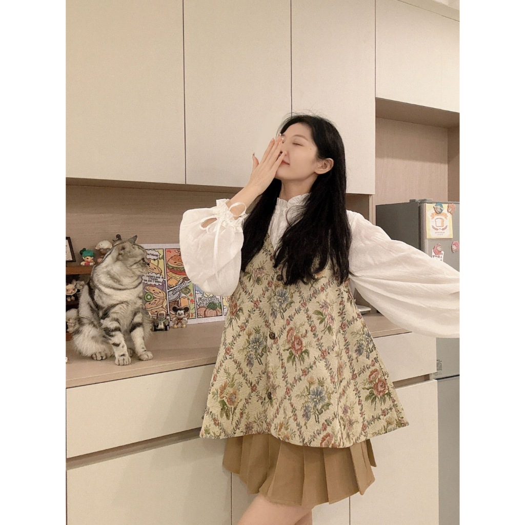 Lalisas set Áo Hoa Không Tay + Áo Sơ Mi Tay Dài + Chân Váy mini Xếp Ly Lưng Cao Thời Trang Mùa Thu Cho Nữ