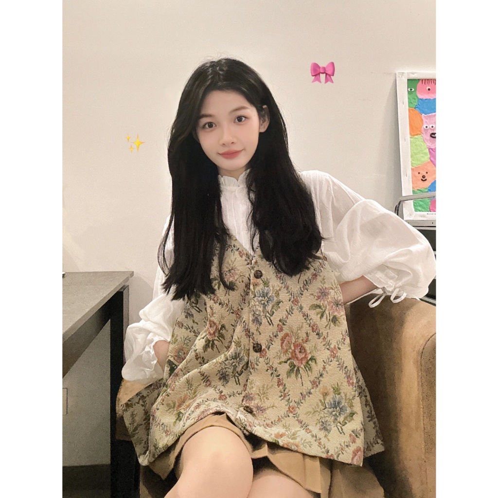 Lalisas set Áo Hoa Không Tay + Áo Sơ Mi Tay Dài + Chân Váy mini Xếp Ly Lưng Cao Thời Trang Mùa Thu Cho Nữ