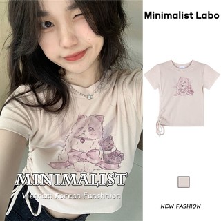 Minimalist Labo Áo Thun Tay Ngắn Hở Vai Phối Dây Rút Thời Trang Dành Cho Nữ