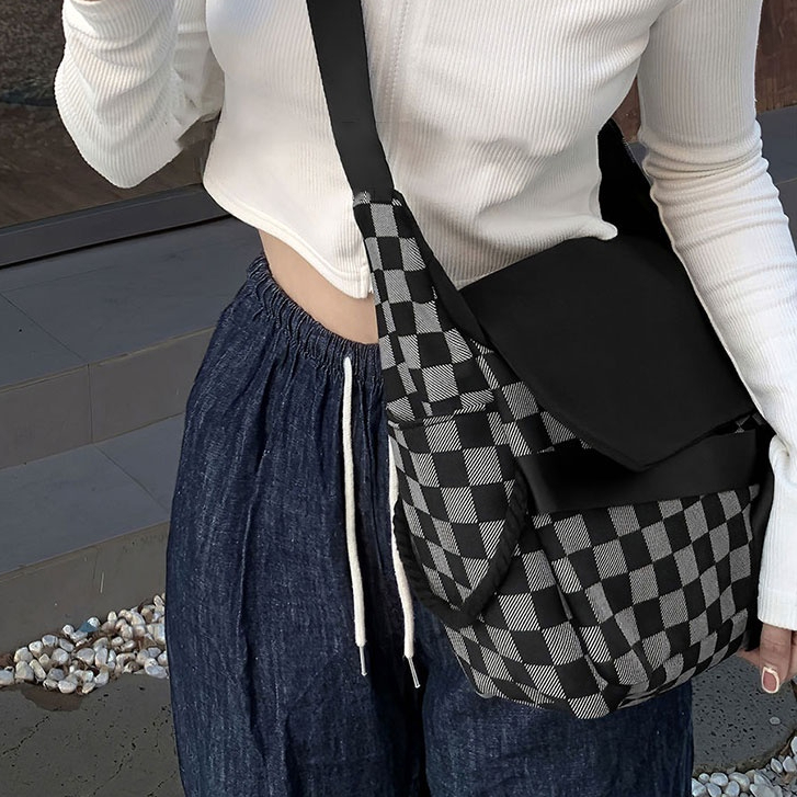 JIVIVIL túi messenger nữTúi tote vải kiểm tra màu đen và xám của Nhật BảnThời trang giản dị Retro Công suất lớn