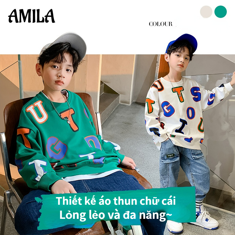 AMILA Áo Sweater In Chữ Thoải Mái Thời Trang Xuân Thu Cho Bé Trai Trung Niên