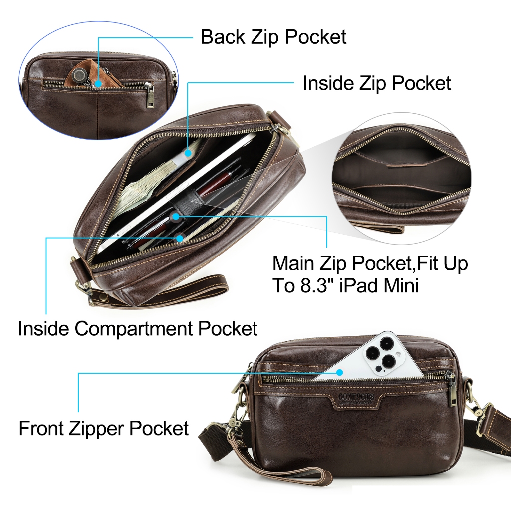 CONTACT'S Túi Đeo Chéo Vai Bằng Da Thật Chất Lượng Cao Phong Cách retro Cho Nam