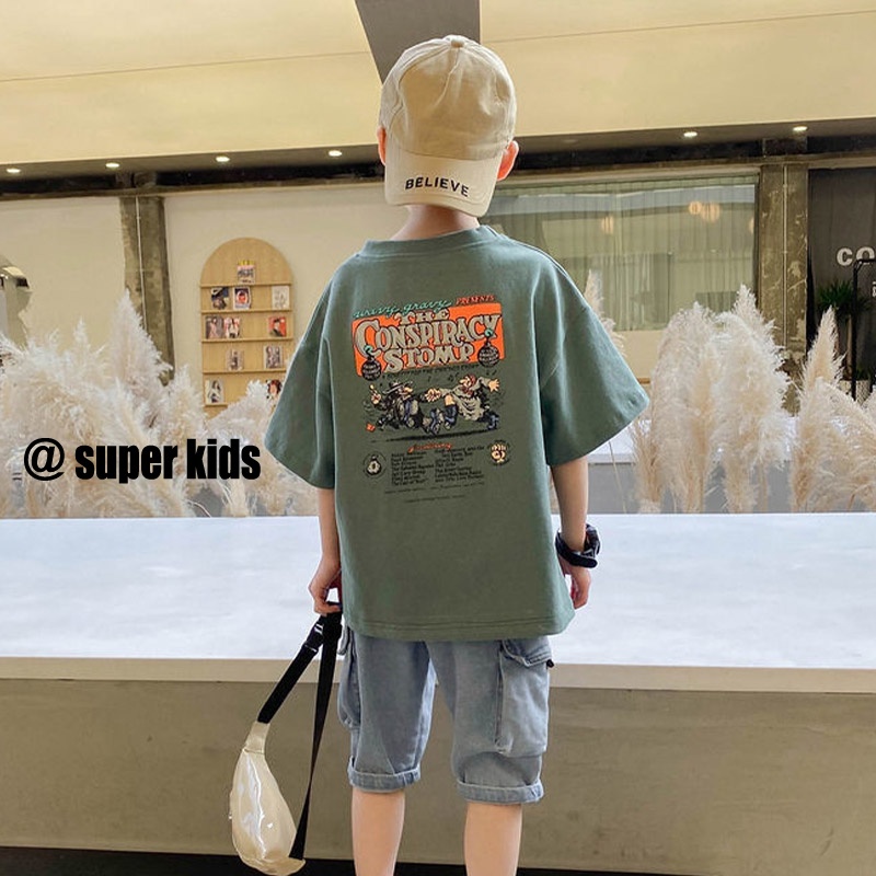 SUPER KIDS Áo Thun Cotton Tay Ngắn Dáng Rộng Thấm Hút Mồ Hôi Thoáng Khí Thời Trang Cho Bé