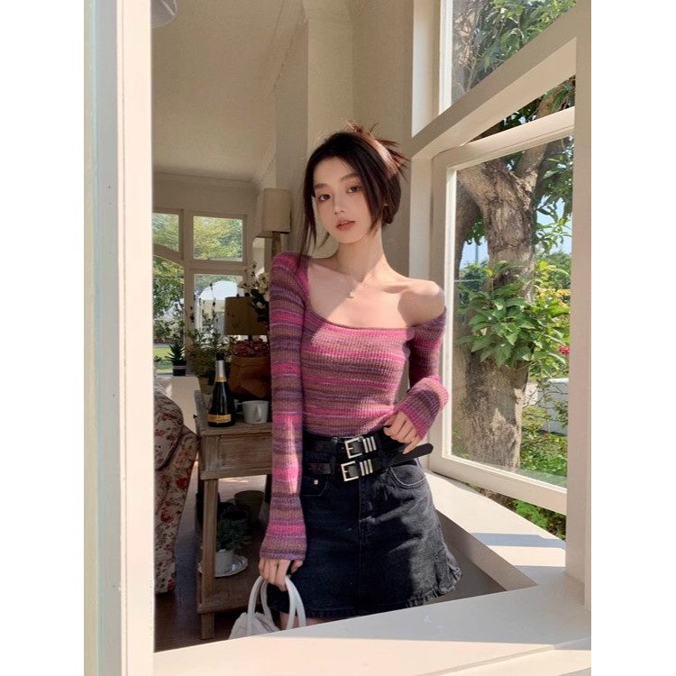 Áo sweater Cổ Vuông Tay Dài Họa Tiết Kẻ Sọc Màu Sắc Tương Phản Thời Trang Mùa Thu 2023 Phong Cách Mới