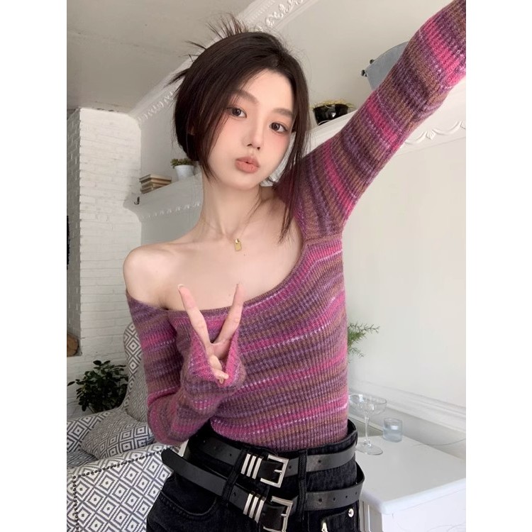 Áo sweater Cổ Vuông Tay Dài Họa Tiết Kẻ Sọc Màu Sắc Tương Phản Thời Trang Mùa Thu 2023 Phong Cách Mới