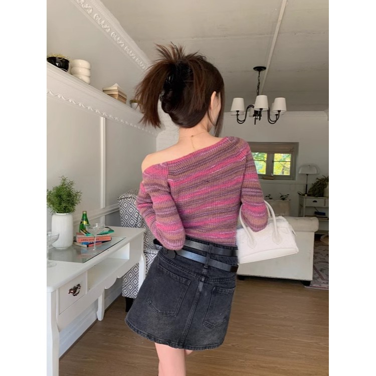 Áo sweater Cổ Vuông Tay Dài Họa Tiết Kẻ Sọc Màu Sắc Tương Phản Thời Trang Mùa Thu 2023 Phong Cách Mới