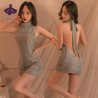 Đầm sweater XIYUYI dệt kim không tay cổ lọ hở lưng gợi cảm