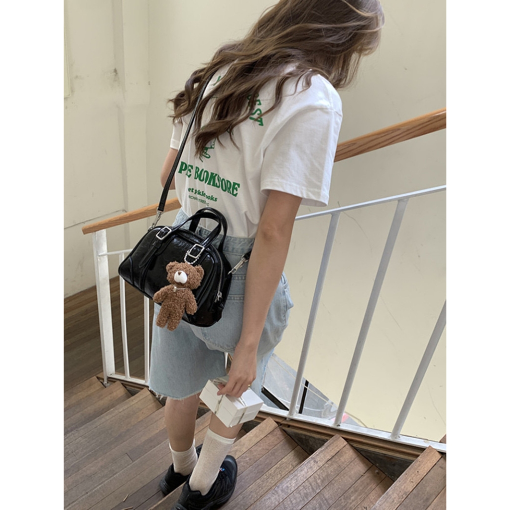 Túi Đeo Chéo Màu Đen Đơn Giản Phong Cách retro Hàn Quốc Cho forever lengrui