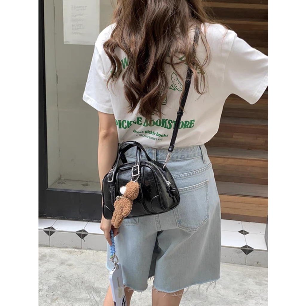 Túi Đeo Chéo Màu Đen Đơn Giản Phong Cách retro Hàn Quốc Cho forever lengrui