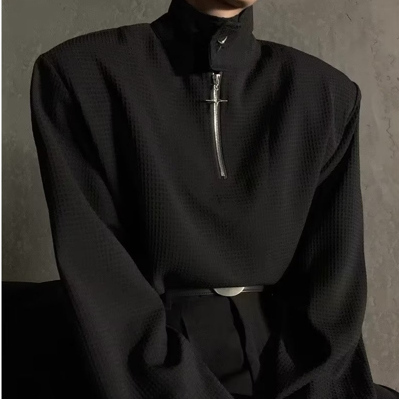 Youtang Áo Sweater Cổ Polo Có Khóa Kim Loại Nửa Hình Waffle Phong Cách Mỹ Cho Nam