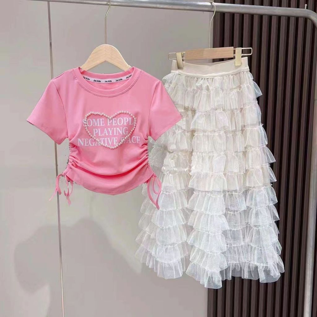 Bộ Áo Thun Tay Ngắn Phối Chân Váy Dài Lưng Cao Xếp Tầng Đính Ngọc Trai Thời Trang Mùa Hè Cho Bé Gái 