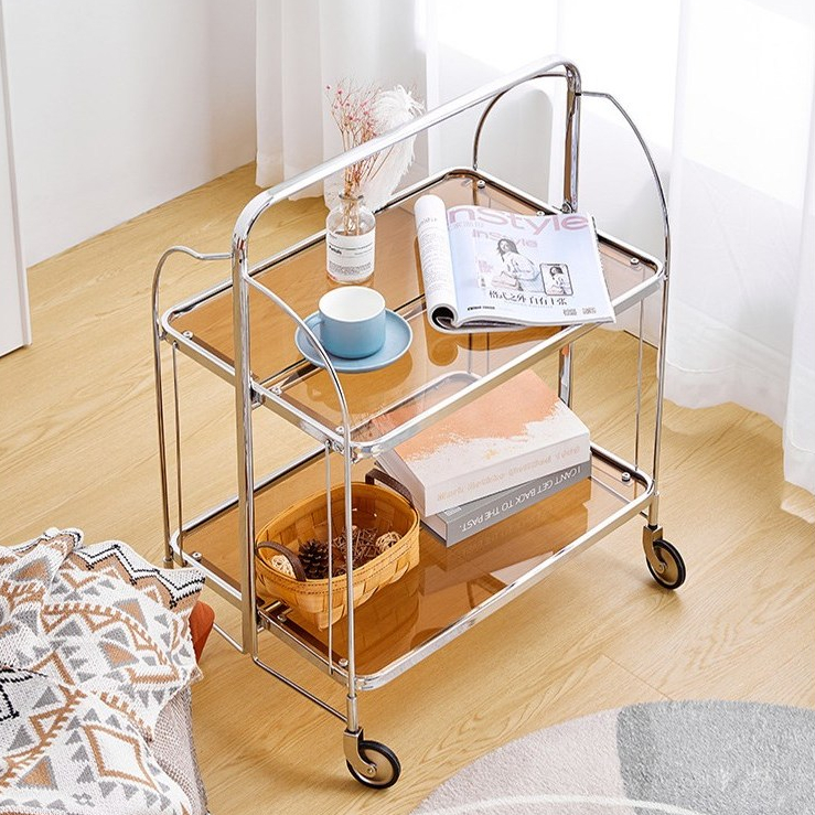 Mauno. Kệ xe đẩy - Kệ sofa - đựng mỹ phẩm Sofa Trolley Glass Light khung inox - kính cường lực - bánh xe
