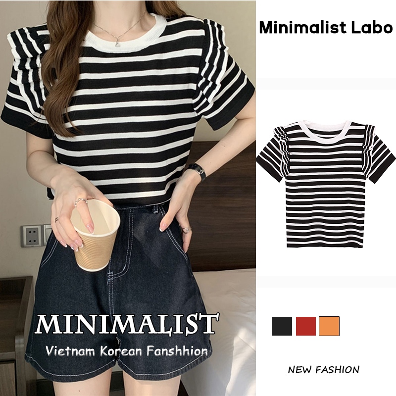 Minimalist Labo Áo thun dệt kim tay ngắn cổ tròn họa tiết sọc thời trang cho nữ