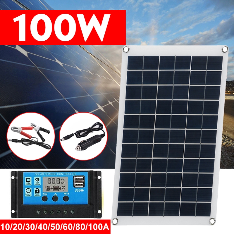 Tấm Năng Lượng Mặt Trời 100W Sạc Pin 12V 10-80A LCD Đa Năng Có Bộ Điều Khiển Tiện Dụng Cho Các Thiết Bị Ngoài Trời