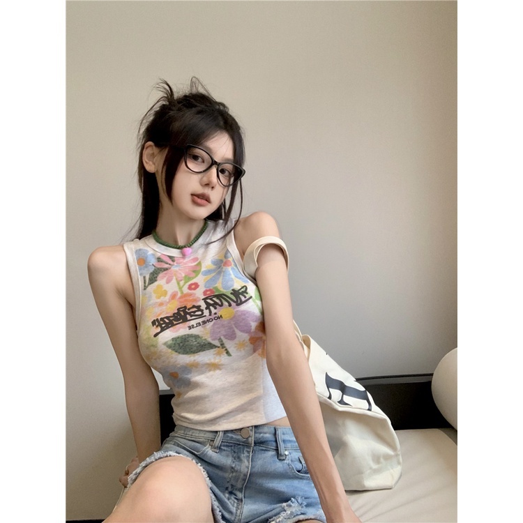 GJCUTE Áo thun không tay hoạ tiết hoa thời trang