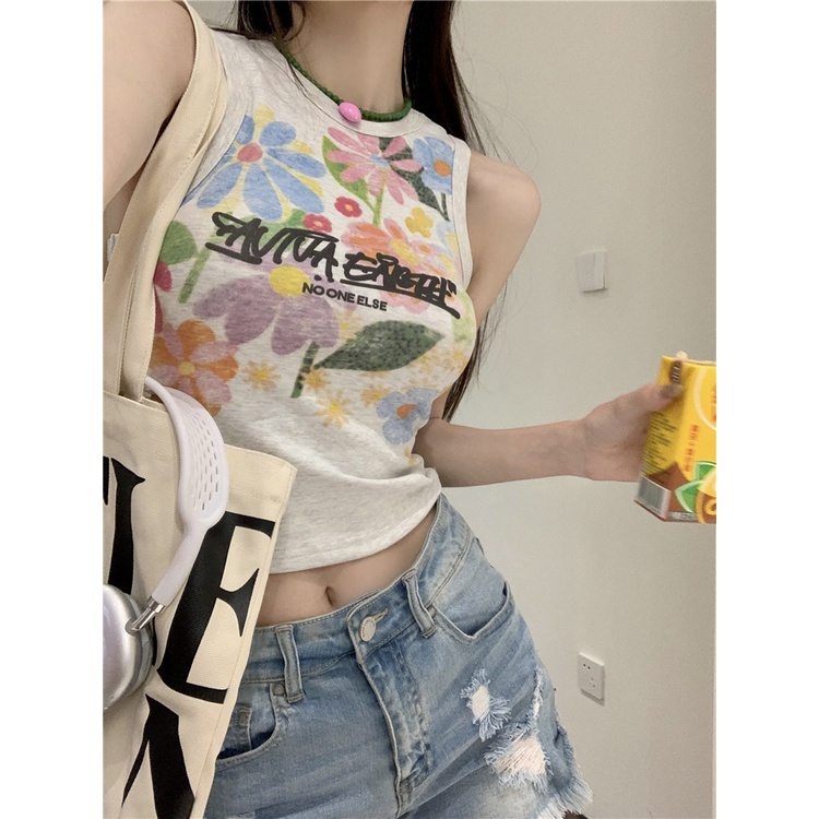 GJCUTE Áo thun không tay hoạ tiết hoa thời trang